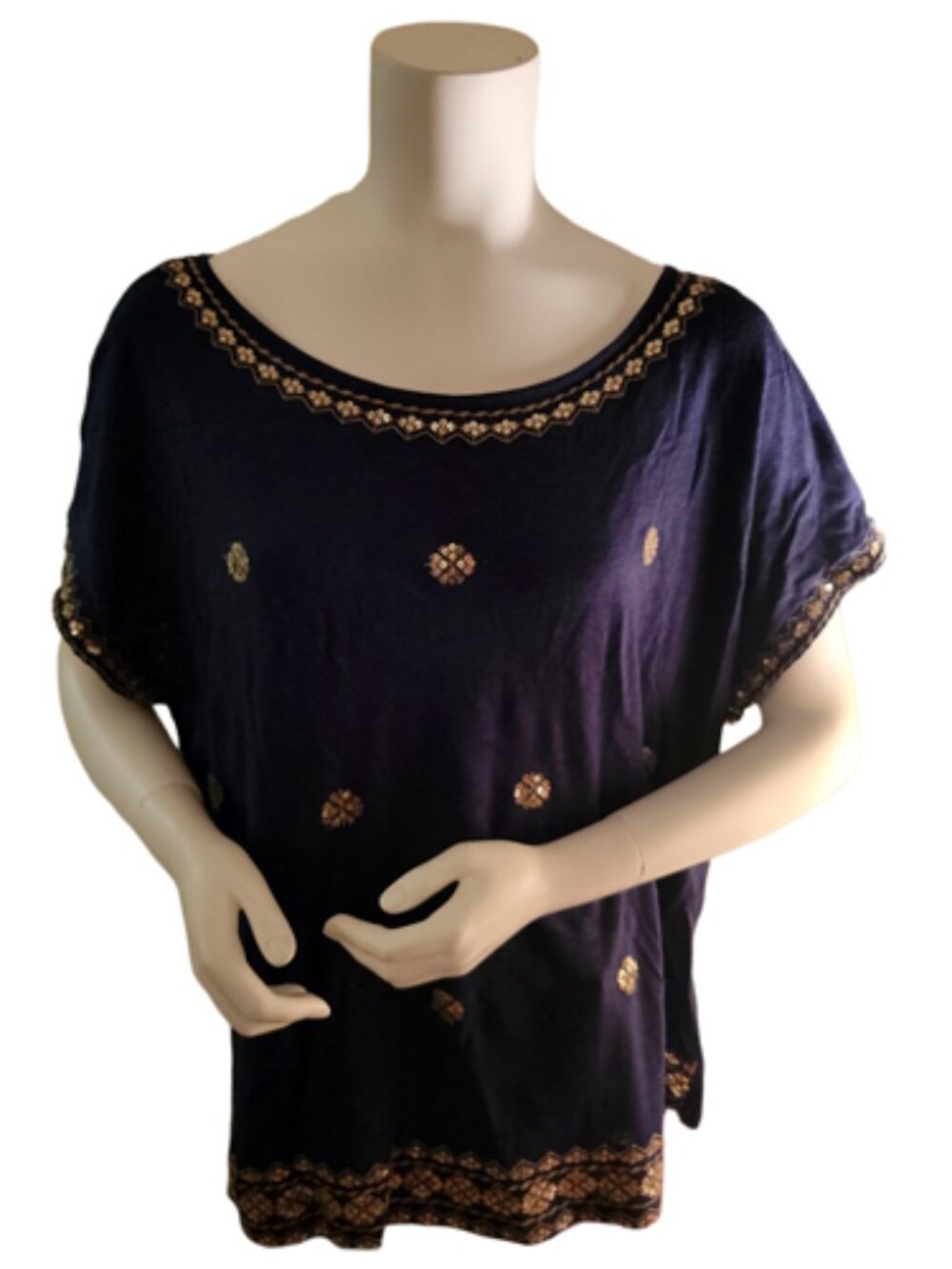 Navy Blue Gold Sequin Embroidered Dolman Top Womens XL Embellished Dress Barn